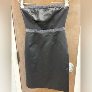 Moda International Black Satin Strapless Cocktail Dress w/black beading Size 6